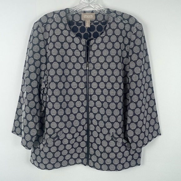 Chico's Blue White Geometric Circles Lightweight Zipper Jacket Size 12 Large - Picture 2 of 12
